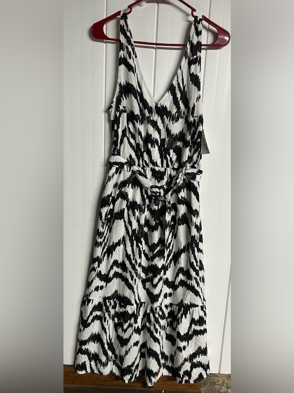 Nine West Brown and White V-Neck Printed Belted Midi Dress
